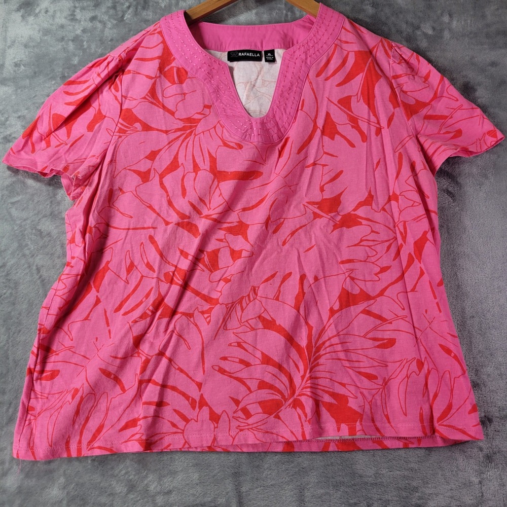 Rafaella Pink Red Floral Print Short Sleeve Top Womens XL‎ Casual Resortwear
